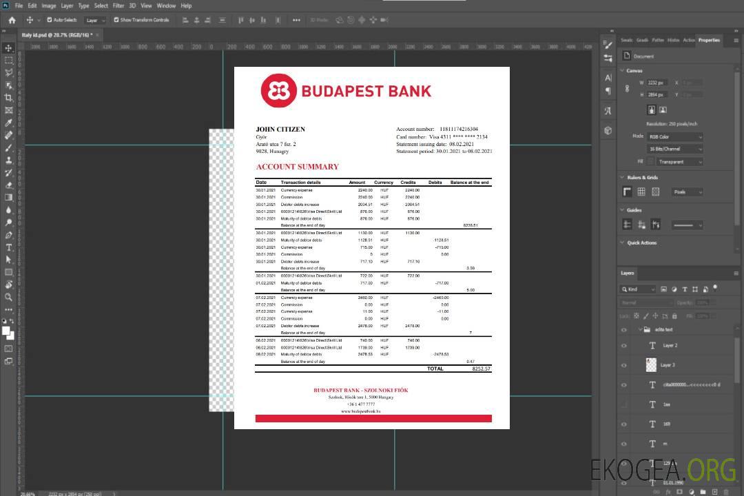 Hongrie Budapest Bank – Relevé bancaire Szolnoki Fiók, modèle facile à remplir au format de fichier .xls et .pdf template